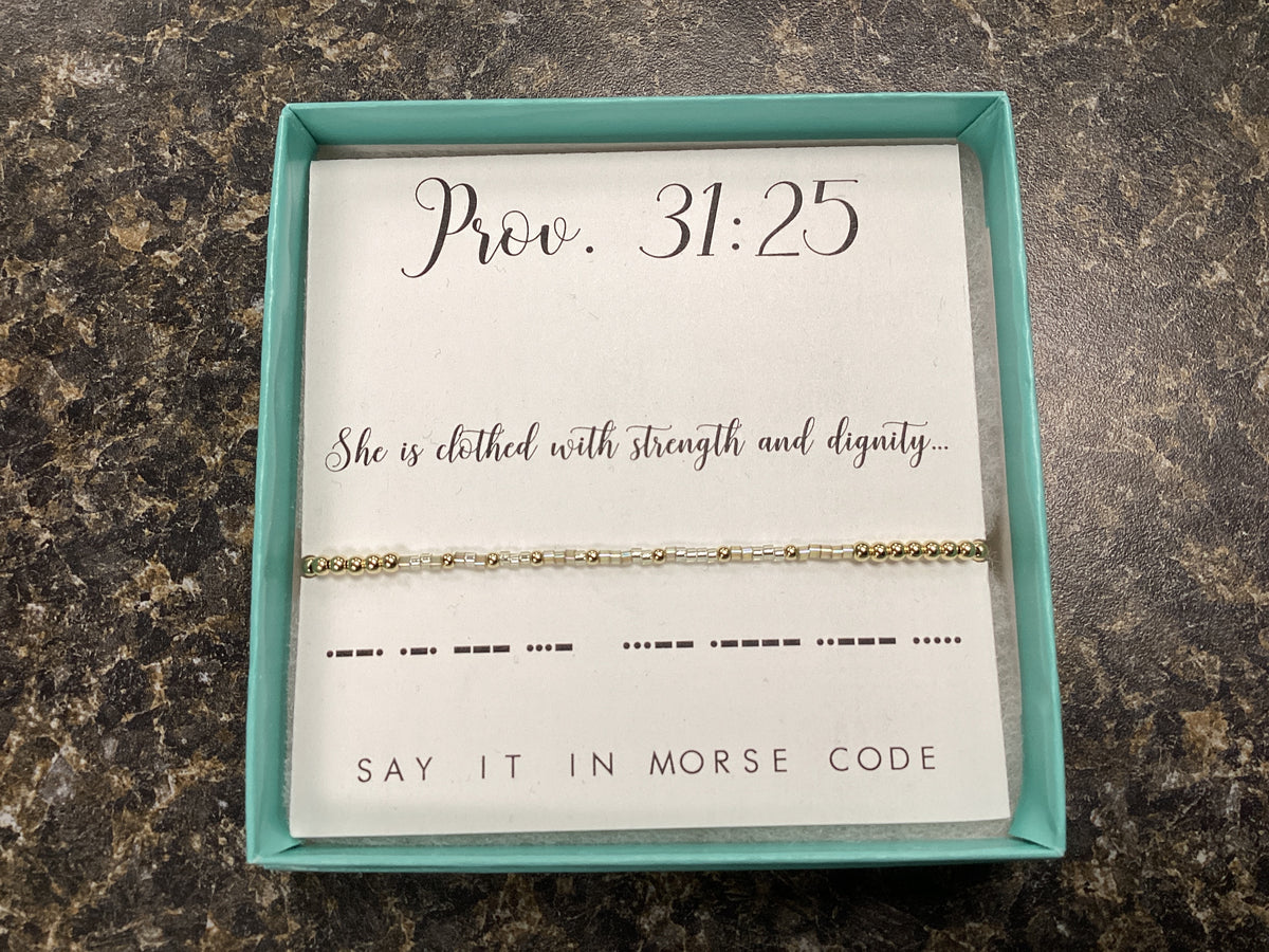 Prov 31:25 Morse Code Beaded Bracelet