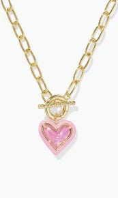 Ari Heart ENML Frame Chain Necklace Gold Pink Iridescent Glitter