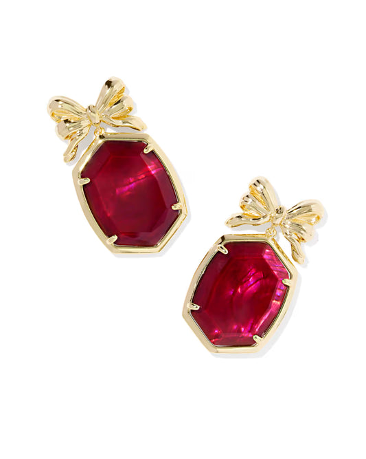 Daphne Bow Drop Earrings Gold Dark Burgundy Illusion