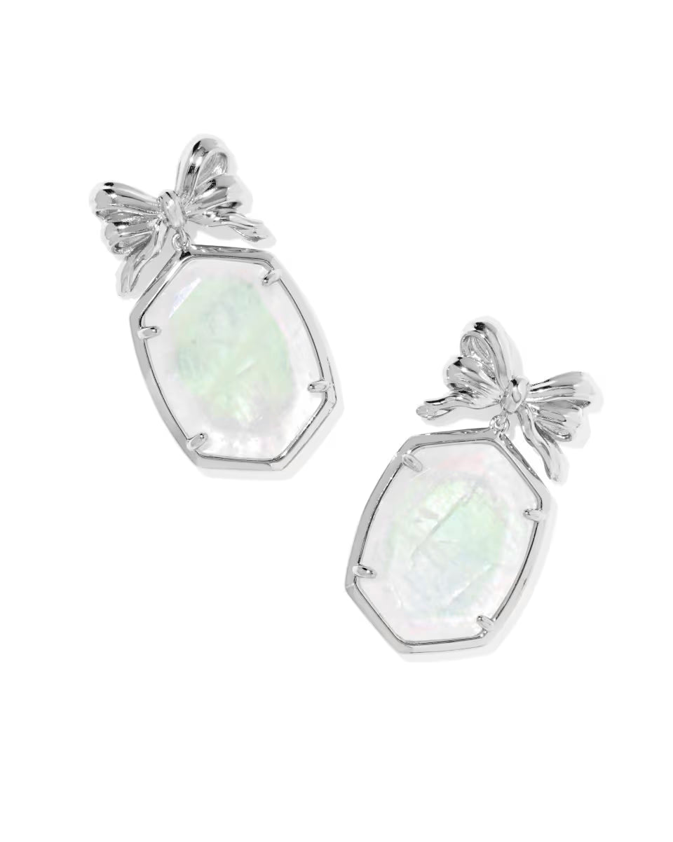 Daphne Bow Drop Earrings Silver Iridescent Crystal Ivory Illusion