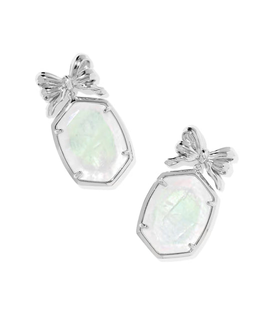 Daphne Bow Drop Earrings Silver Iridescent Crystal Ivory Illusion