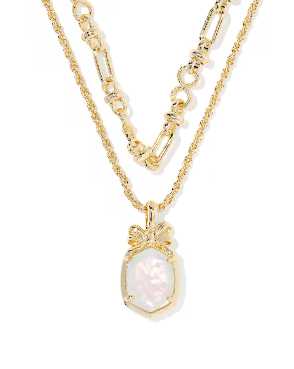 Daphne Bow Multi Strand Necklace Gold Iridescent Crystal Ivory Illusion