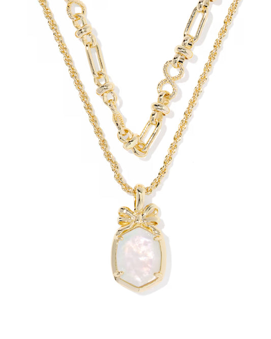 Daphne Bow Multi Strand Necklace Gold Iridescent Crystal Ivory Illusion
