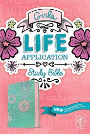 Bible NLT Girls Life Application Seafoam Teal with Pink Flowers Leatherlike