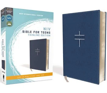 Bible NIV for Teens Blue with silver black line cross on front Comfort Print Red letter Lay flat Easy to Read font