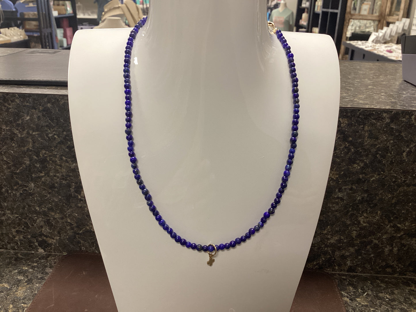 Cross charm gold lapis 15" choker necklace