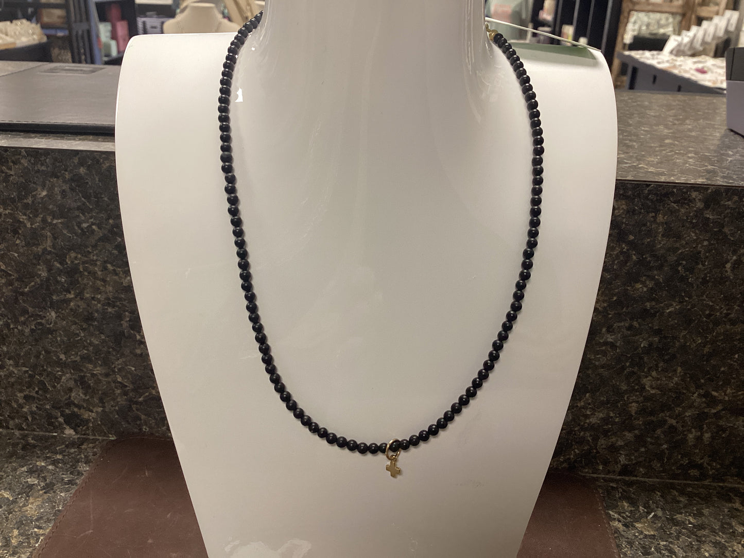 Cross charm gold onyx 15" choker