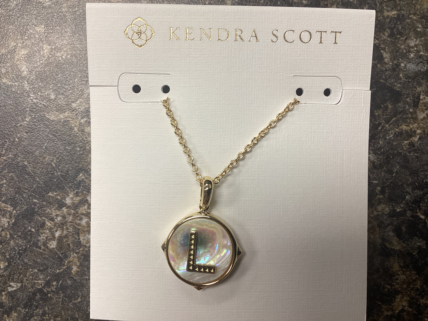 Letter L Disc Pendant Gold Iridescent abalone