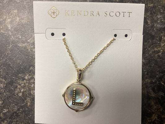 Letter L Disc Pendant Gold Iridescent abalone