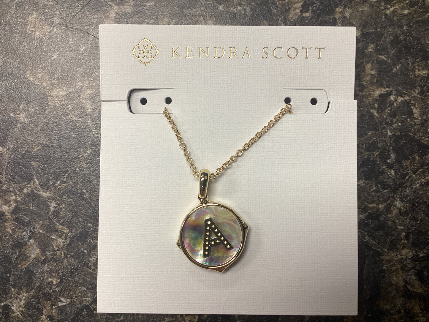 Letter A Disc Pendant Gold Iridescent Abalone