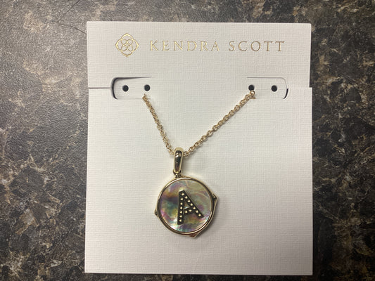 Letter A Disc Pendant Gold Iridescent Abalone