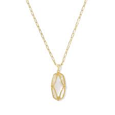 Elle Lattice Frame Gold Ivory Pearl Long Necklace